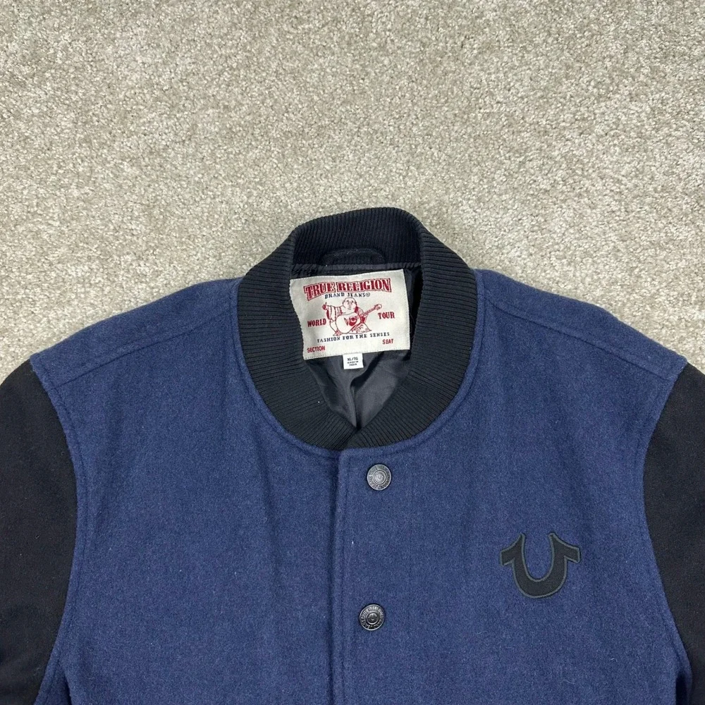 True Religion Mens Wool Blend Varsity Bomber Jacket Navy Black XL TRUE RLGN Logo